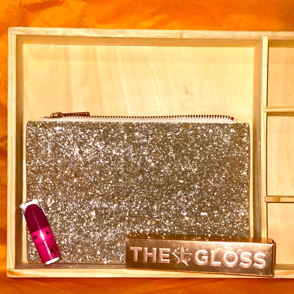 👛 CHUNKY GLITTER ZIPPER POUCH | JEFFREE STAR PINK LIPSTICK & THE GLOSS silk rope